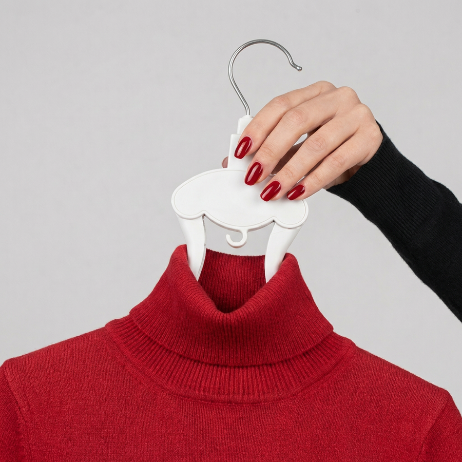 Hand faltet einen weißen Kleiderbügel zusammen, an dem ein roter Rollkragenpullover hängt