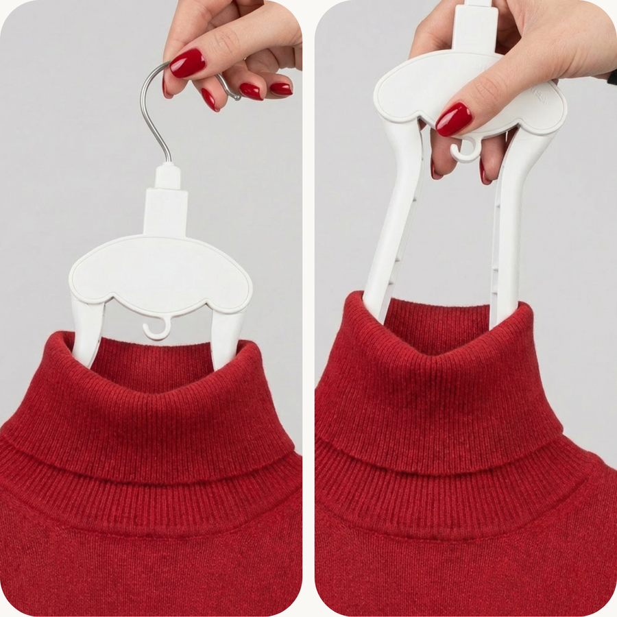 Weißer faltbarer Kleiderbügel in zwei Ansichten: links aufgeklappt mit einem roten Rollkragenpullover hängend, rechts zusammengeklappt und von einer Hand gehalten